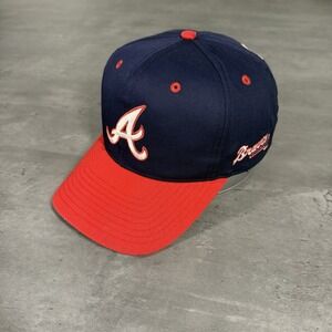 Vintage 90s Atlanta Braves Snapback Hat Blockhead Script Spellout Twins Navy Red